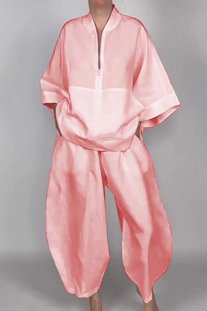 Loose Casual Pocket Half Zipper Top Bud-shaped Pants Suit