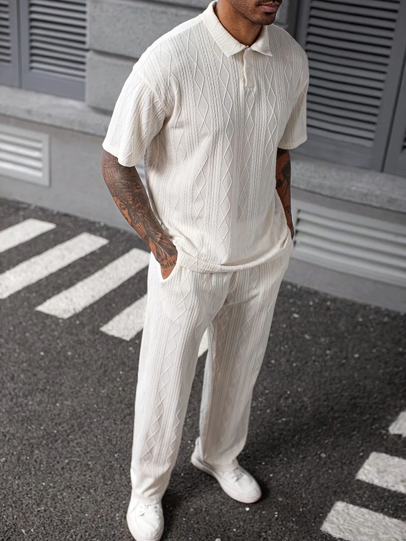 Jacquard Texture Polo Shirt Men's Short-sleeved Trousers Casual Two-piece Suit