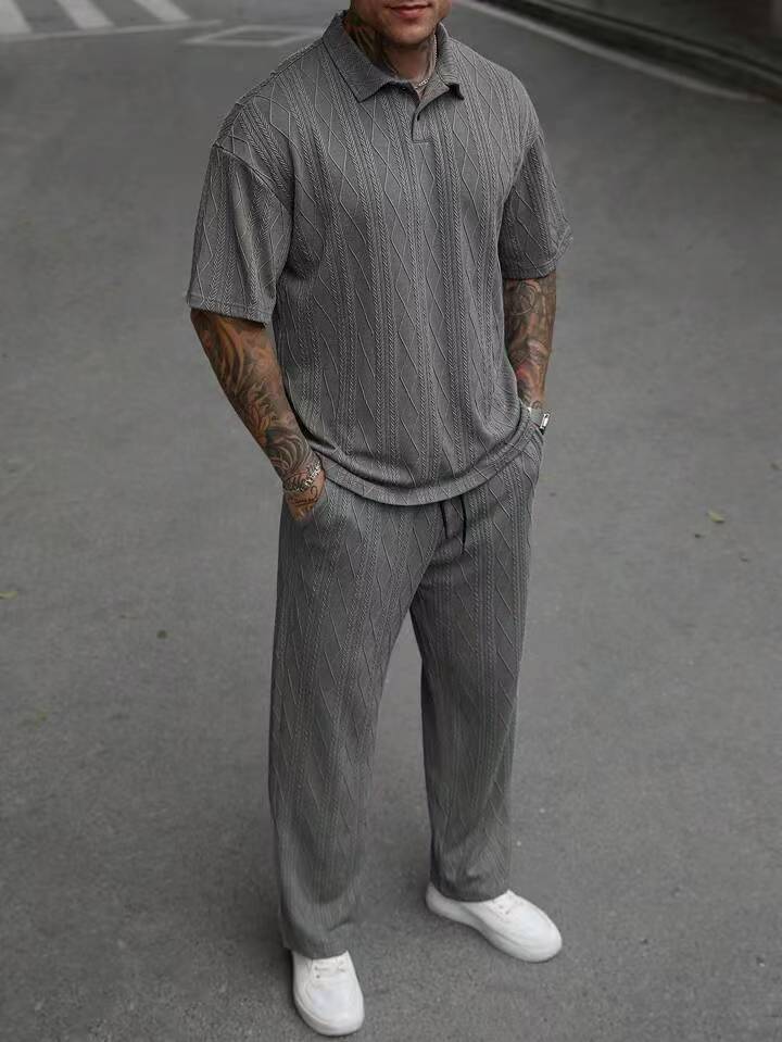 Jacquard Texture Polo Shirt Men's Short-sleeved Trousers Casual Two-piece Suit