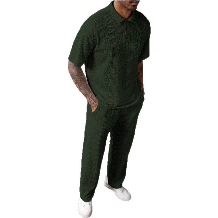 Jacquard Texture Polo Shirt Men's Short-sleeved Trousers Casual Two-piece Suit