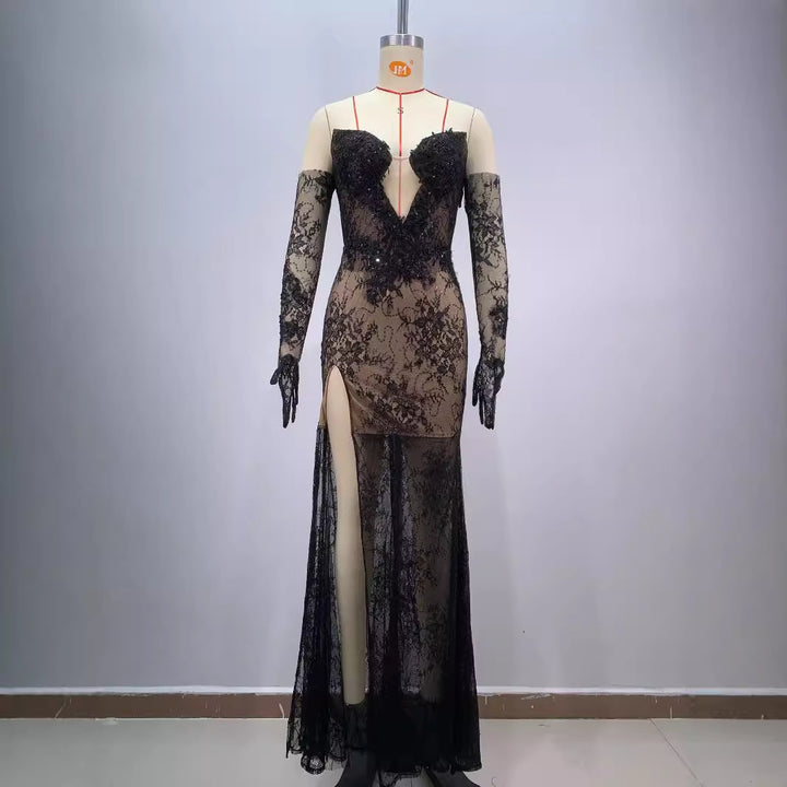 Black Bandeau Slim-fit Lace Mesh Tight Split Long Sheath Dress