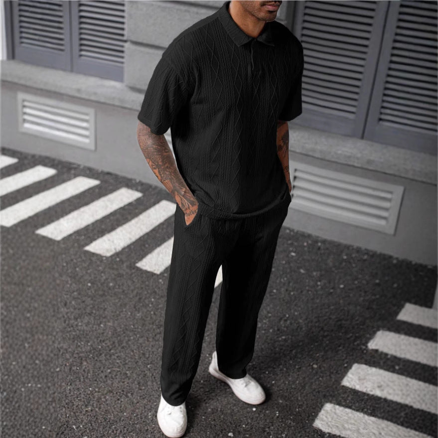 Jacquard Texture Polo Shirt Men's Short-sleeved Trousers Casual Two-piece Suit