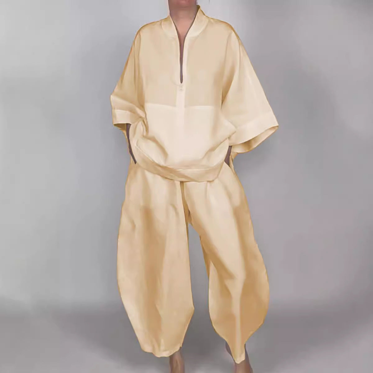 Loose Casual Pocket Half Zipper Top Bud-shaped Pants Suit