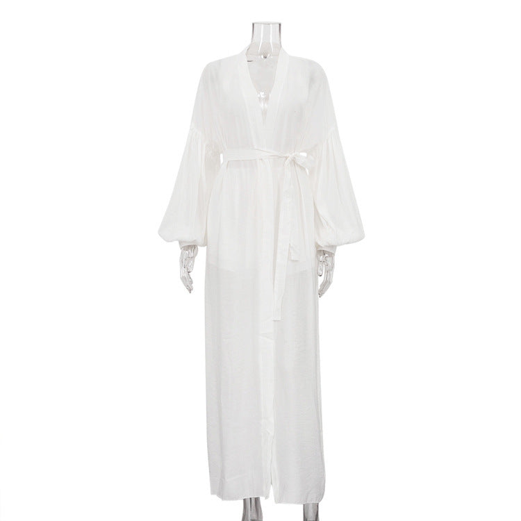 Puff Sleeve Cardigan Lace-up Robe Shorts Casual Two-piece Suit