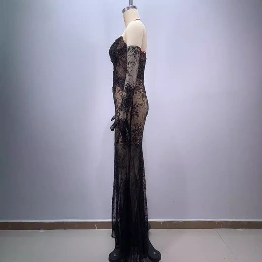 Black Bandeau Slim-fit Lace Mesh Tight Split Long Sheath Dress