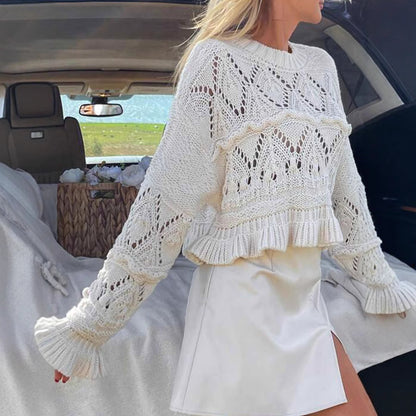Women's Fashionable White Crocheted Round Neck Long Sleeve Hollow Sweater