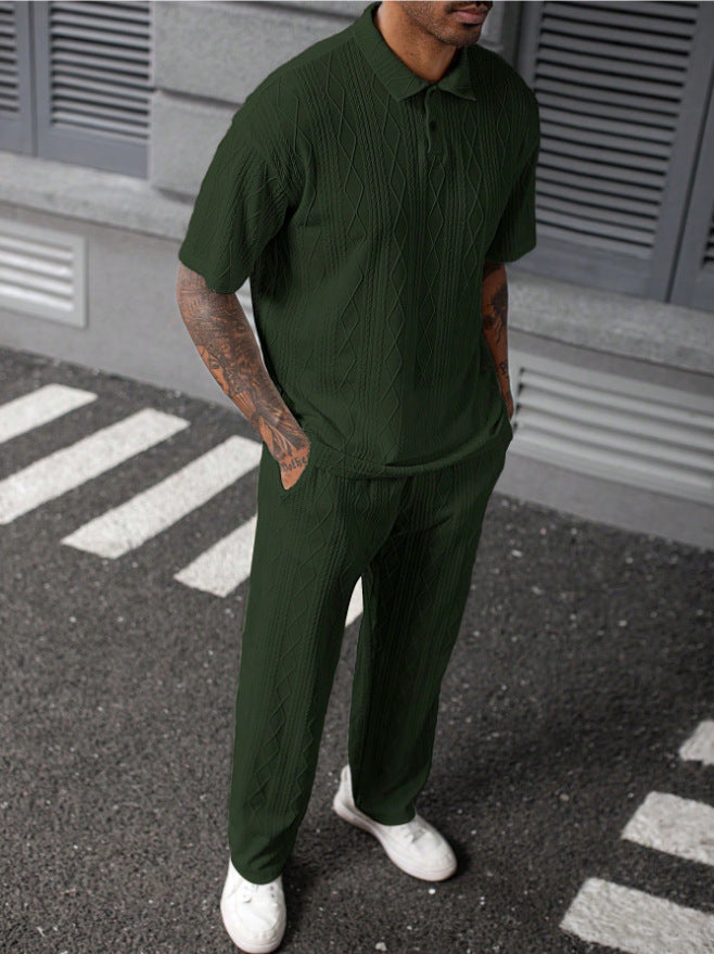 Jacquard Texture Polo Shirt Men's Short-sleeved Trousers Casual Two-piece Suit