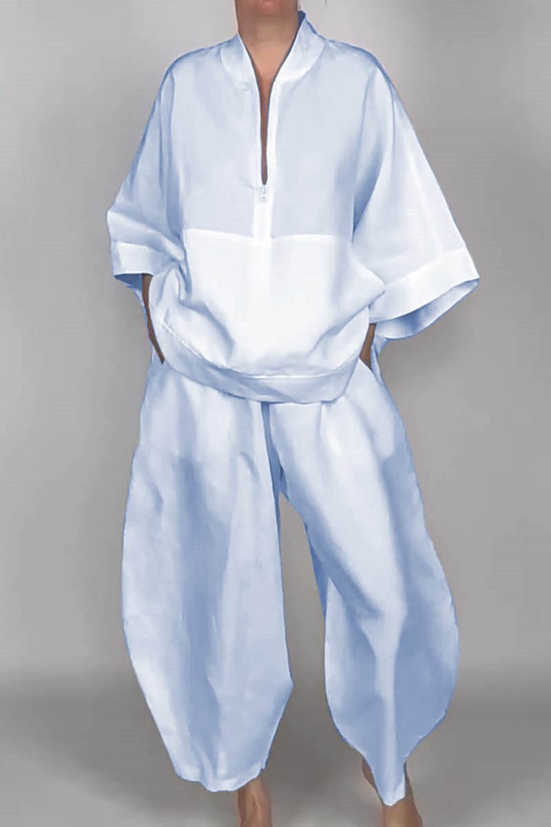 Loose Casual Pocket Half Zipper Top Bud-shaped Pants Suit