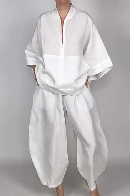 Loose Casual Pocket Half Zipper Top Bud-shaped Pants Suit