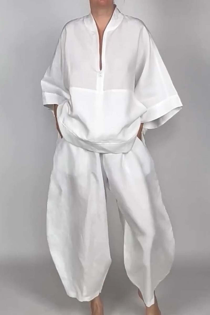 Loose Casual Pocket Half Zipper Top Bud-shaped Pants Suit