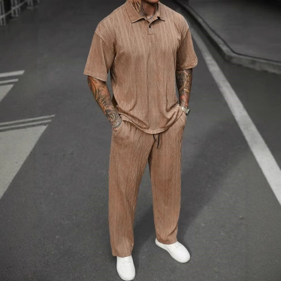 Jacquard Texture Polo Shirt Men's Short-sleeved Trousers Casual Two-piece Suit