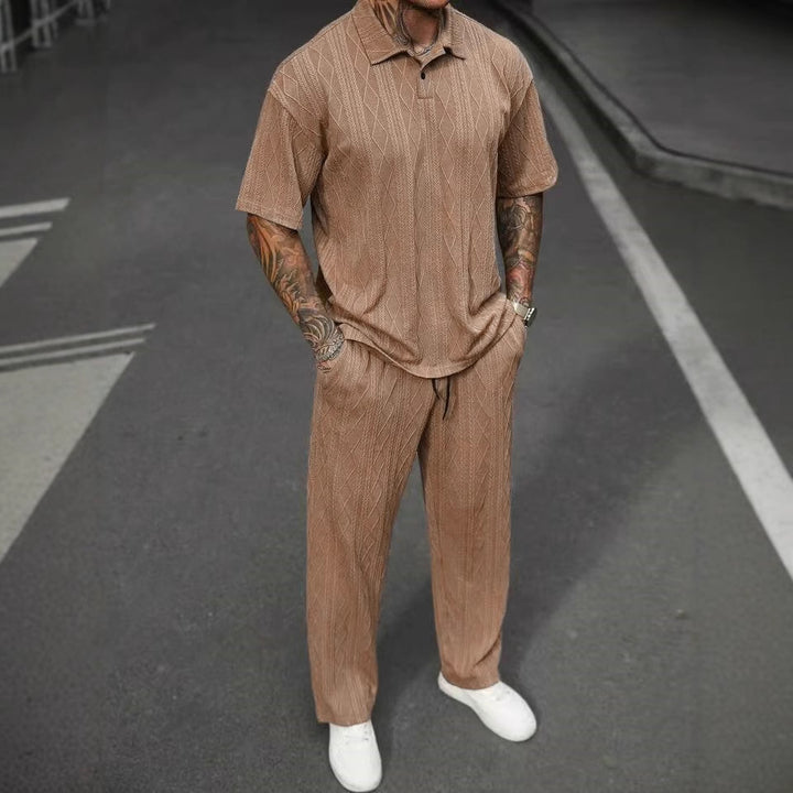 Jacquard Texture Polo Shirt Men's Short-sleeved Trousers Casual Two-piece Suit