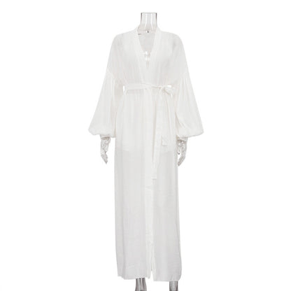 Puff Sleeve Cardigan Lace-up Robe Shorts Casual Two-piece Suit