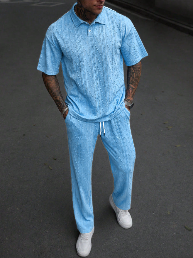 Jacquard Texture Polo Shirt Men's Short-sleeved Trousers Casual Two-piece Suit