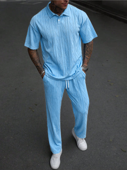 Jacquard Texture Polo Shirt Men's Short-sleeved Trousers Casual Two-piece Suit