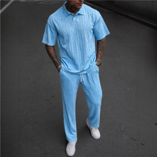 Jacquard Texture Polo Shirt Men's Short-sleeved Trousers Casual Two-piece Suit