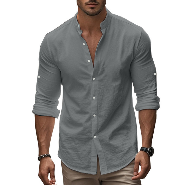 Standing Collar Solid Color Casual Cotton Linen Shirt