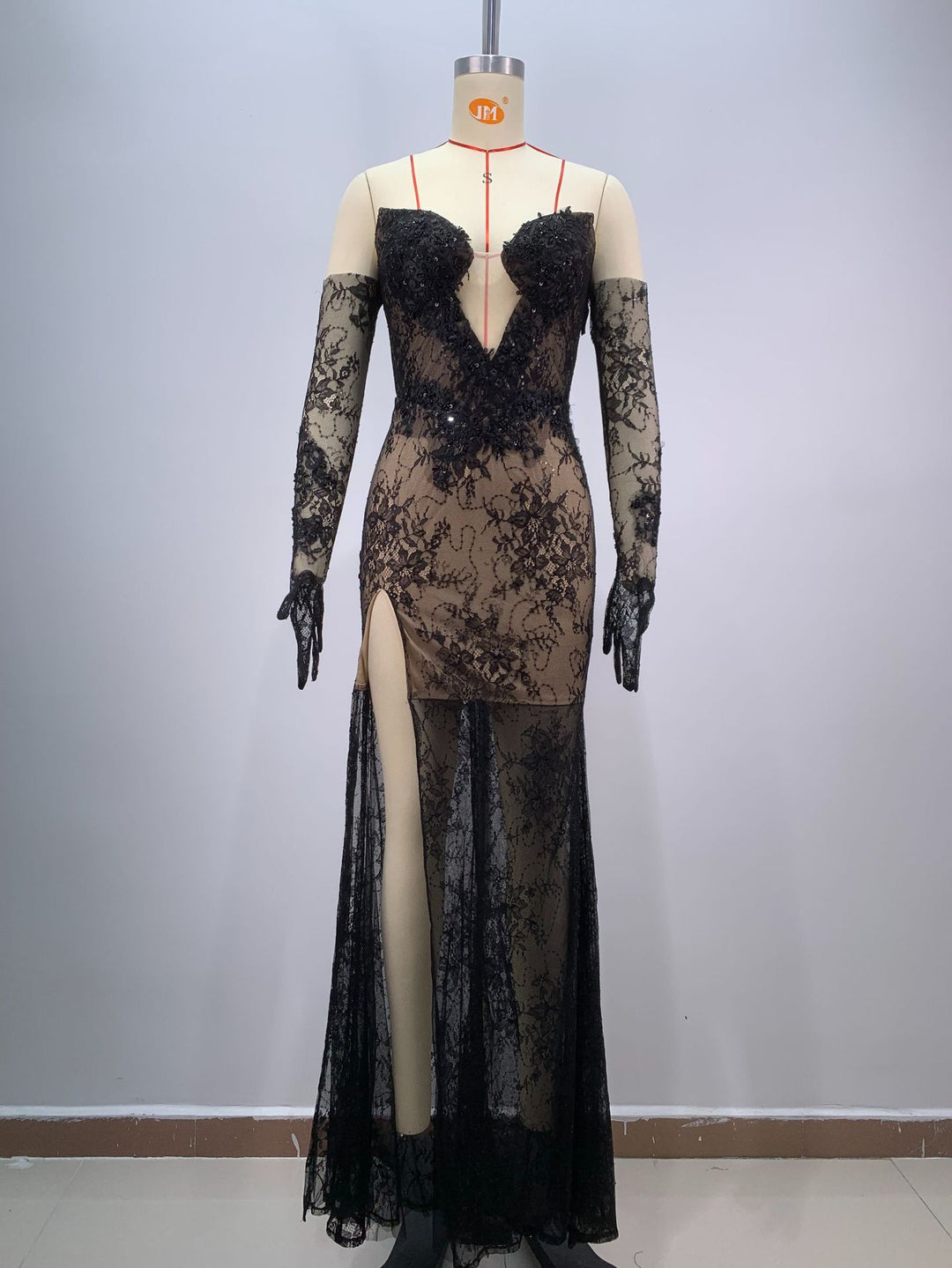Black Bandeau Slim-fit Lace Mesh Tight Split Long Sheath Dress