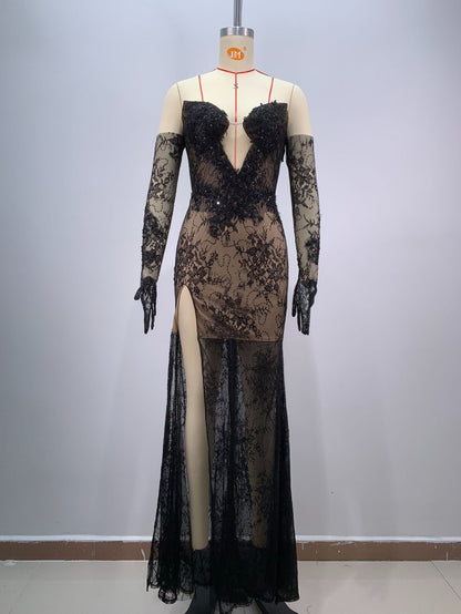 Black Bandeau Slim-fit Lace Mesh Tight Split Long Sheath Dress
