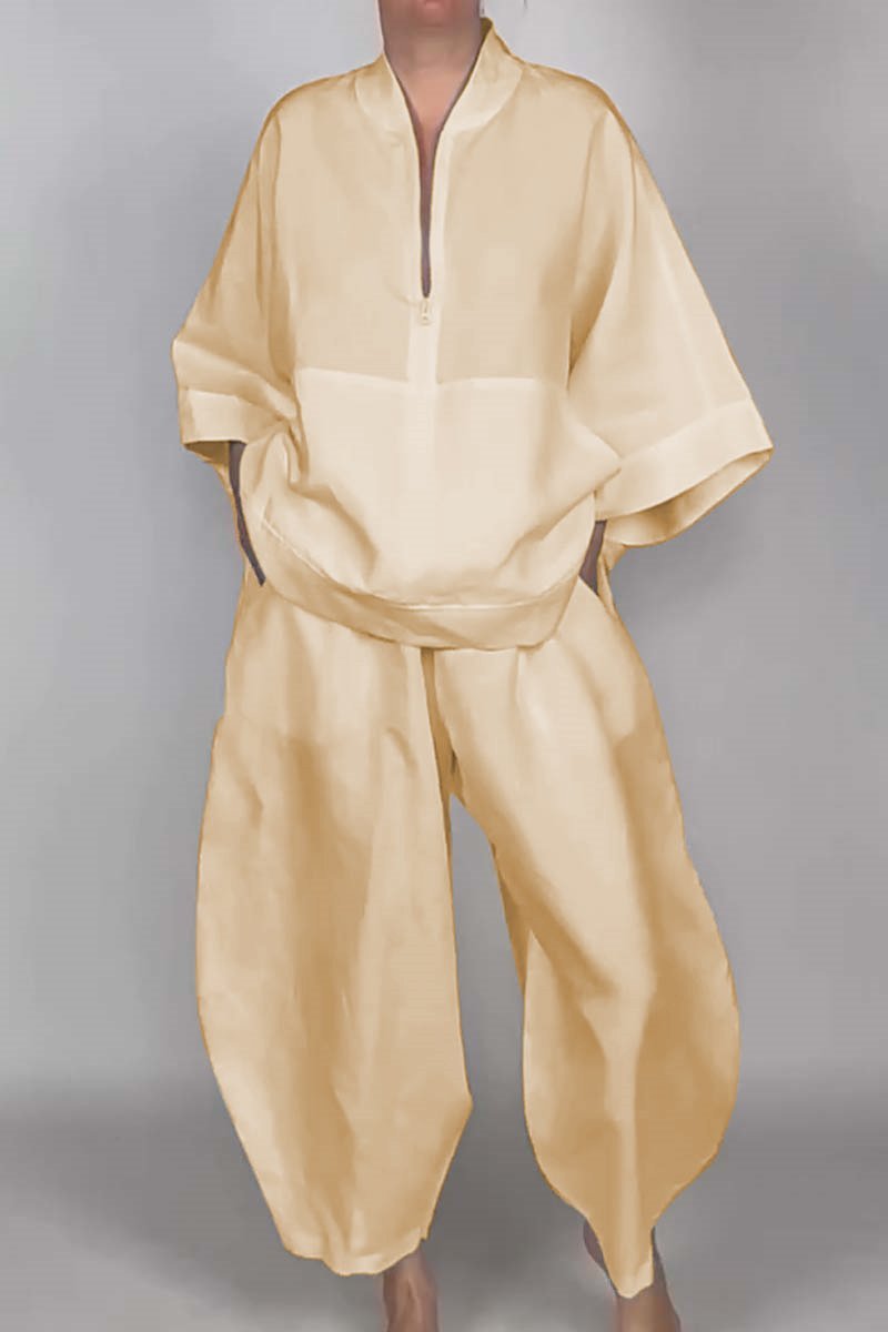 Loose Casual Pocket Half Zipper Top Bud-shaped Pants Suit