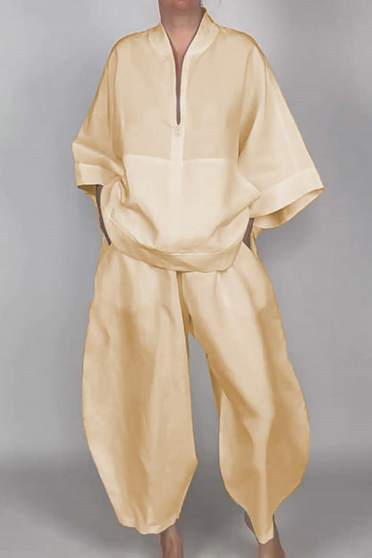 Loose Casual Pocket Half Zipper Top Bud-shaped Pants Suit
