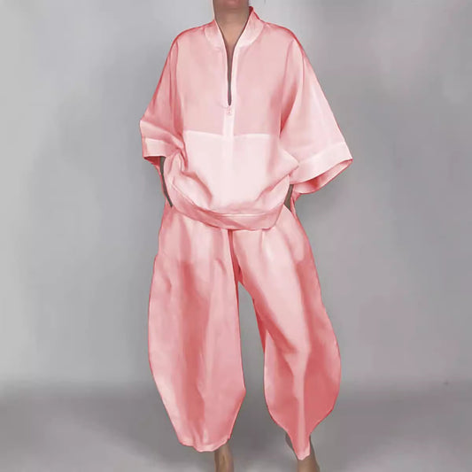 Loose Casual Pocket Half Zipper Top Bud-shaped Pants Suit