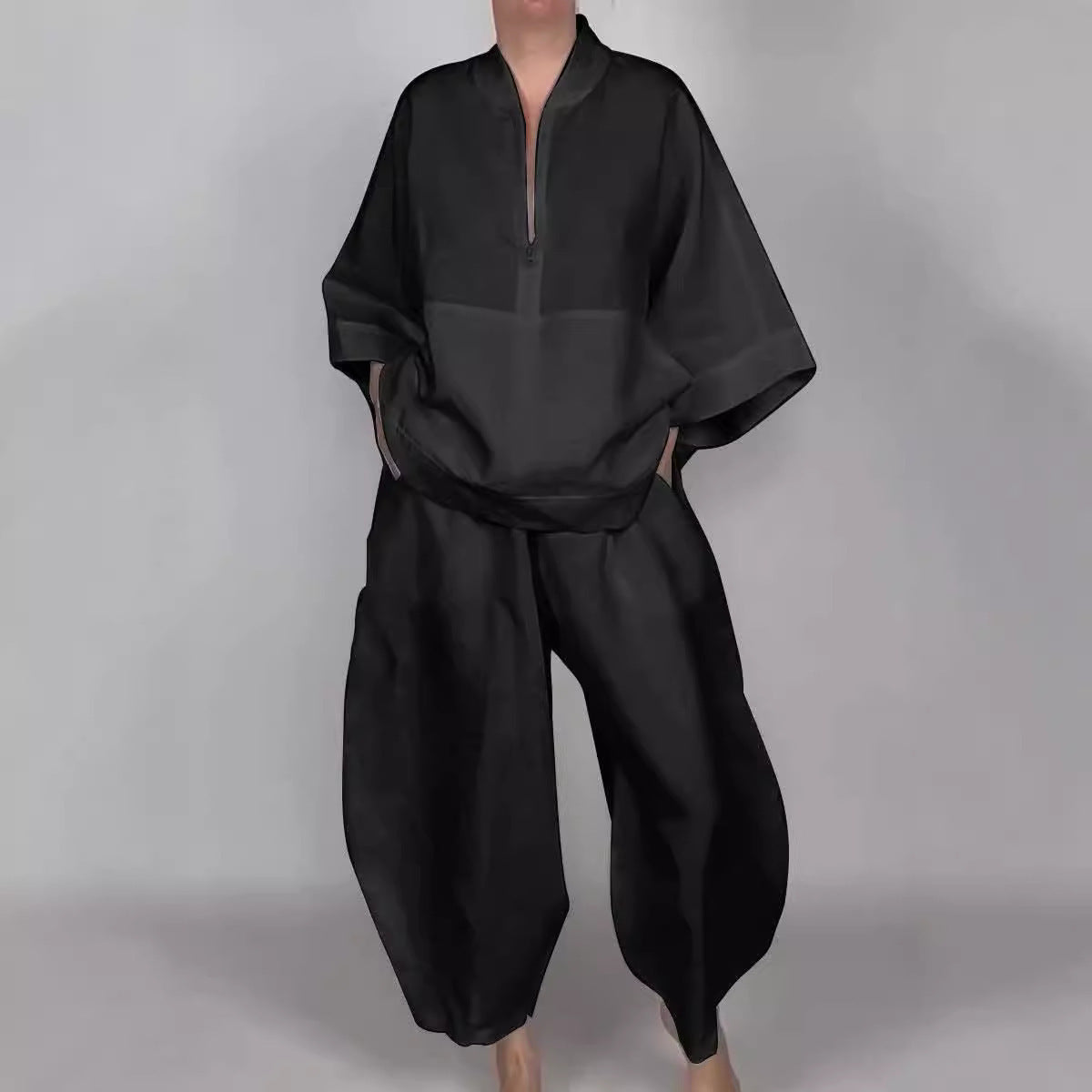 Loose Casual Pocket Half Zipper Top Bud-shaped Pants Suit